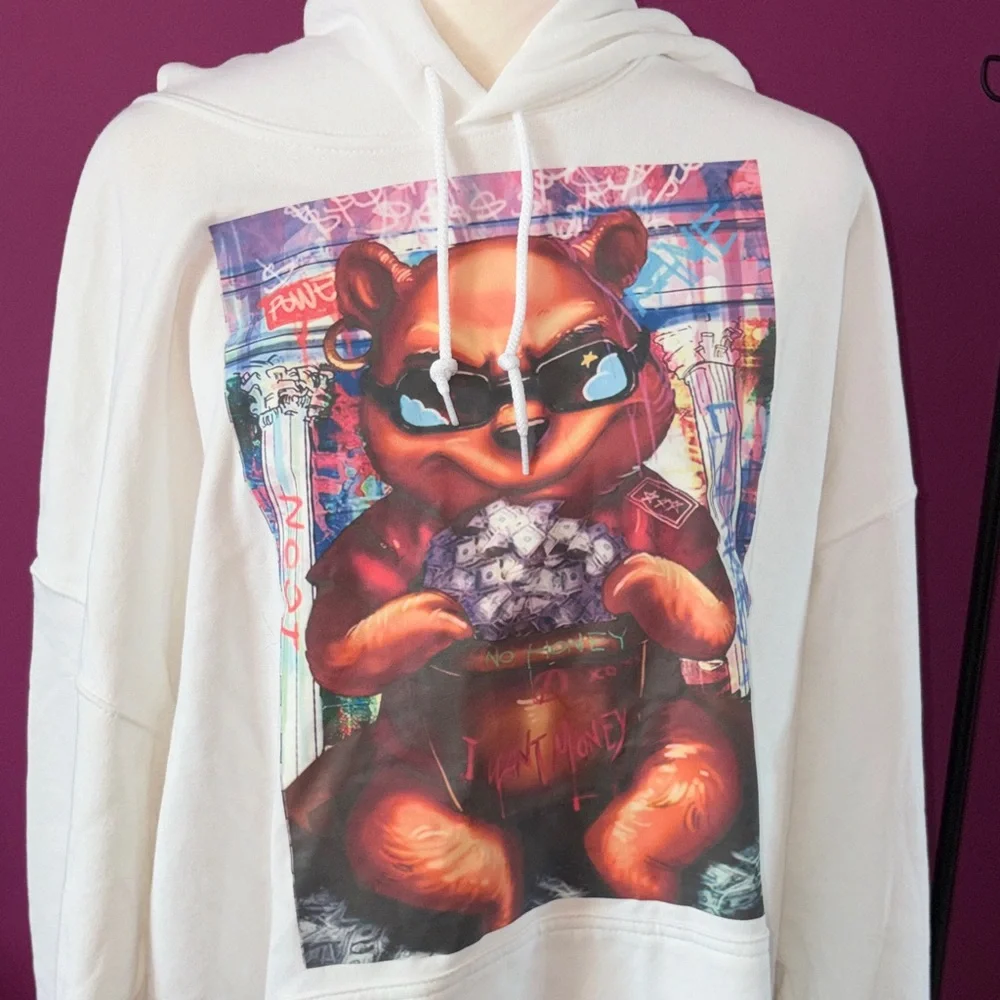 MENS Gildan White Hoodie with Graphic Bear Print - Picture 4 of 5